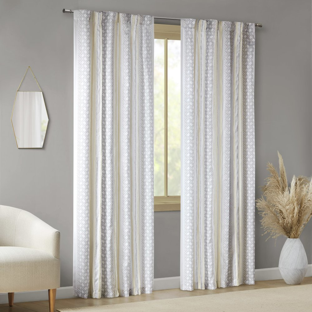 Ebby 2pk Poly Printed Curtain Panel with Tufted Stripe in White/Taupe Color