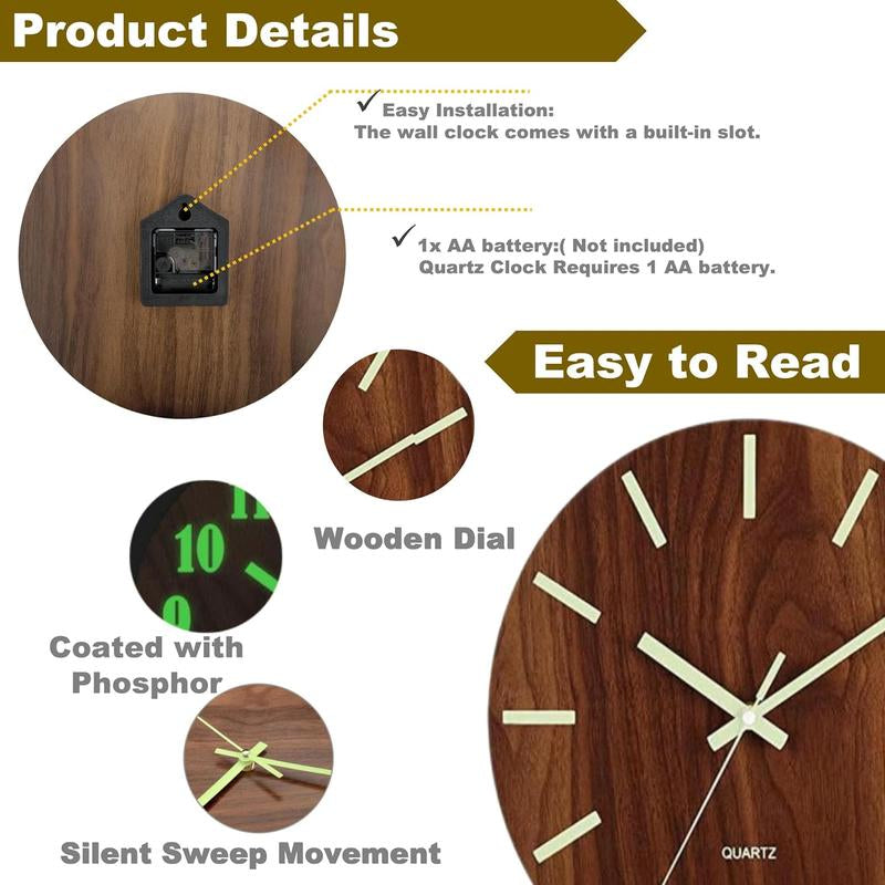 12" Luminous Wooden Wall Clock – Silent Non-Ticking Quartz, Large Numbers & Hands, Easy to Read Day & Night