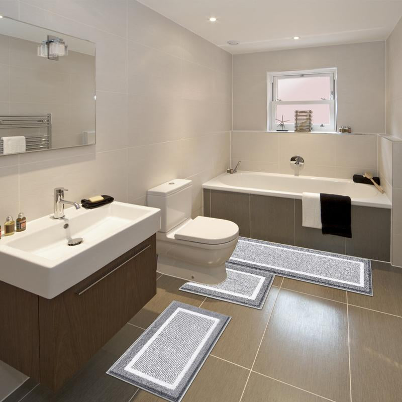 LOKHOM 3-Piece Bathroom Rug Set – Non-Slip, Absorbent Microfiber, Soft Farmhouse Style, Includes U-Shaped Toilet Mat & Shower Rug – Machine Washable