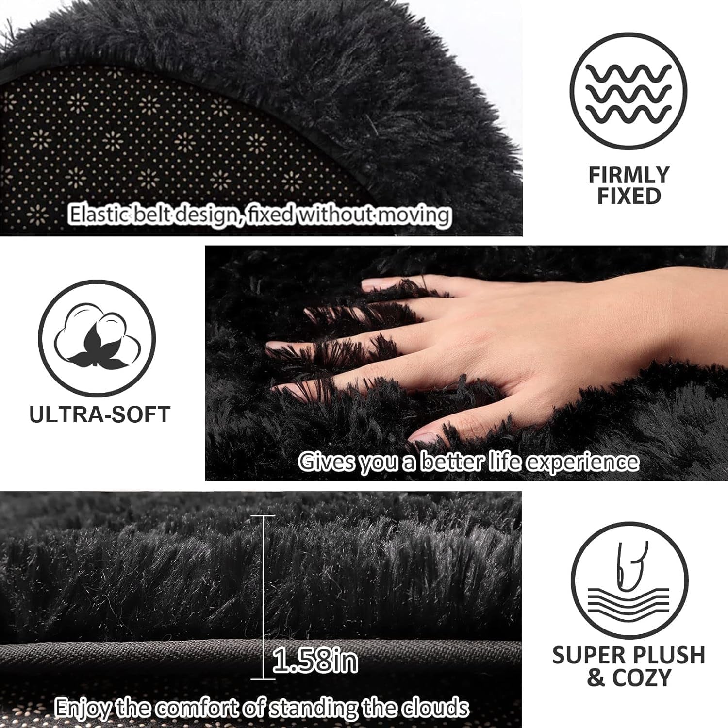 3 Piece Thicken 0.4" Bath Mat Set, Black Bathroom Rug, Contour Mat and Toilet Seat Cover, Super Long Soft Microfiber Water Absorbent and Non Slip Bathroom Rug Set with PVC Point Rubber Backing (Black)