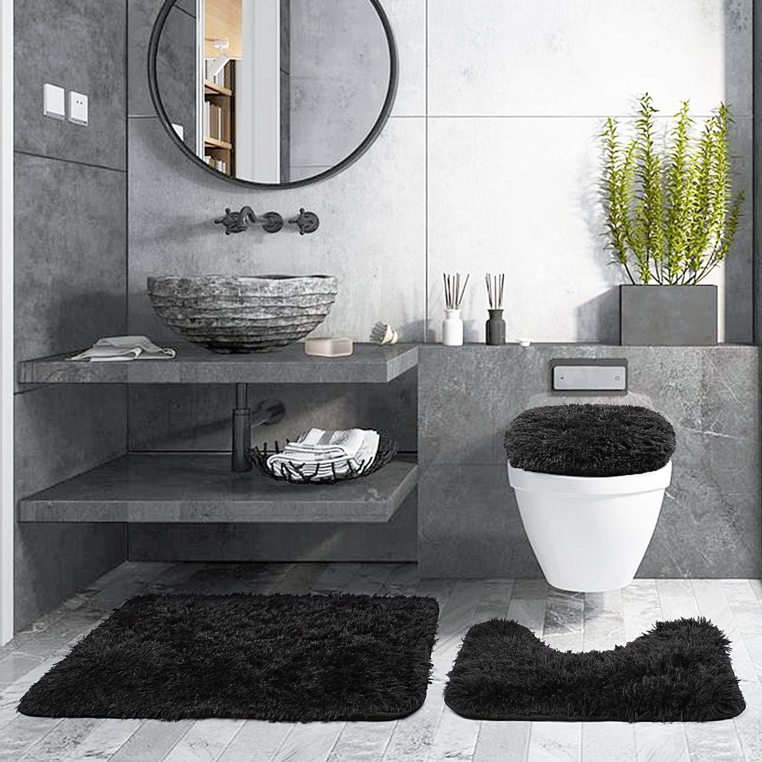 3 Piece Thicken 0.4" Bath Mat Set, Black Bathroom Rug, Contour Mat and Toilet Seat Cover, Super Long Soft Microfiber Water Absorbent and Non Slip Bathroom Rug Set with PVC Point Rubber Backing (Black)