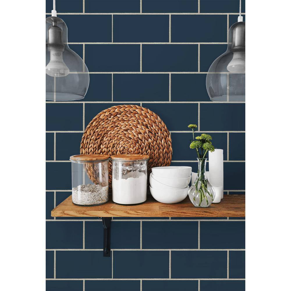 Navy Blue Retro Subway Tile Vinyl Peel and Stick Wallpaper Roll 30.75 sq. ft.