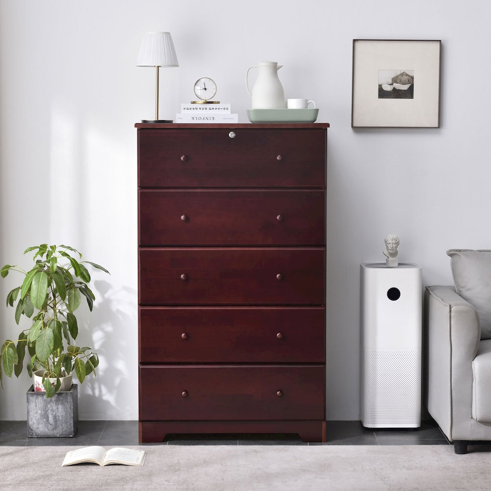Isabela Solid Pine Wood 5-Drawer Chest Dresser in Mahogany