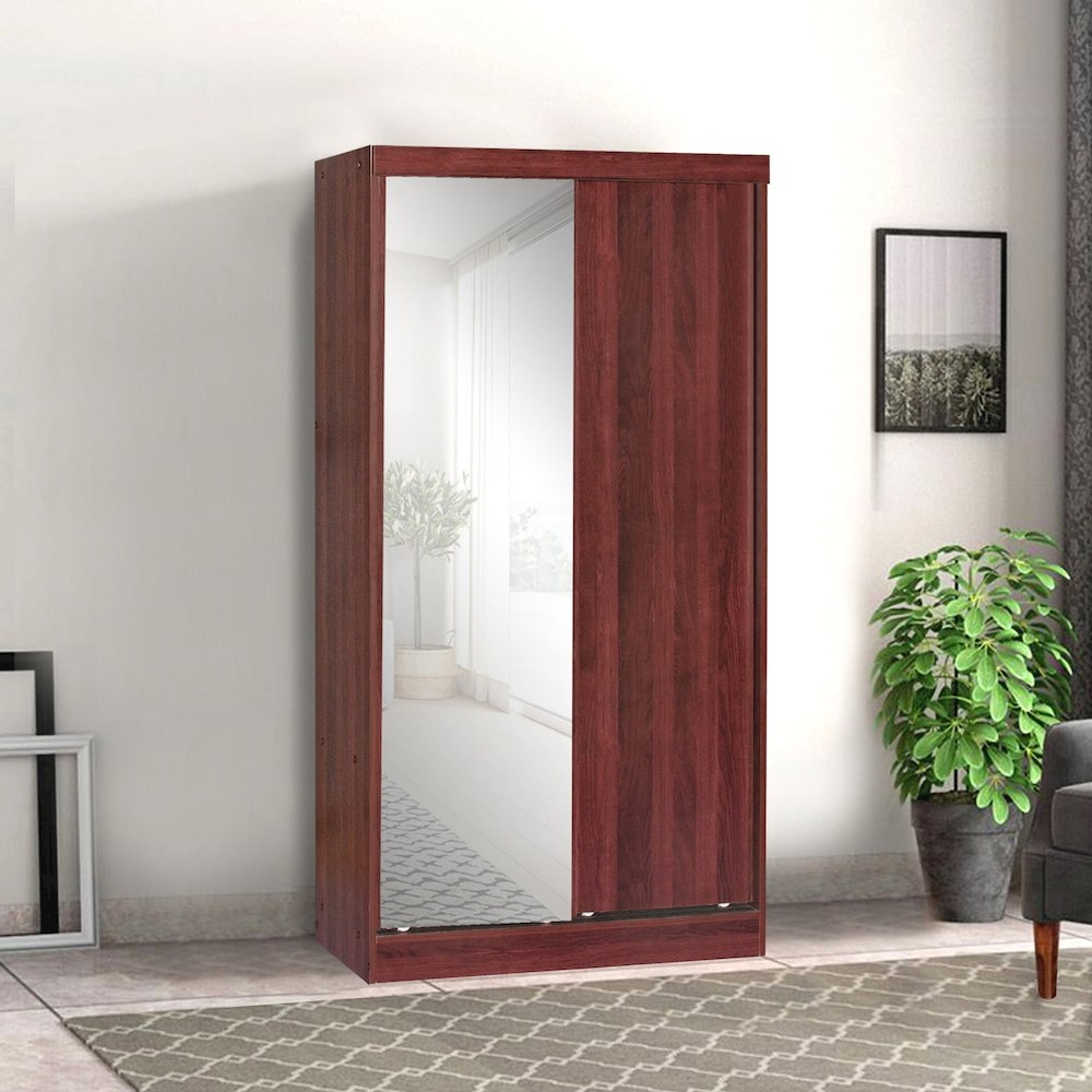 Mirror Wood Double Sliding Door Wardrobe