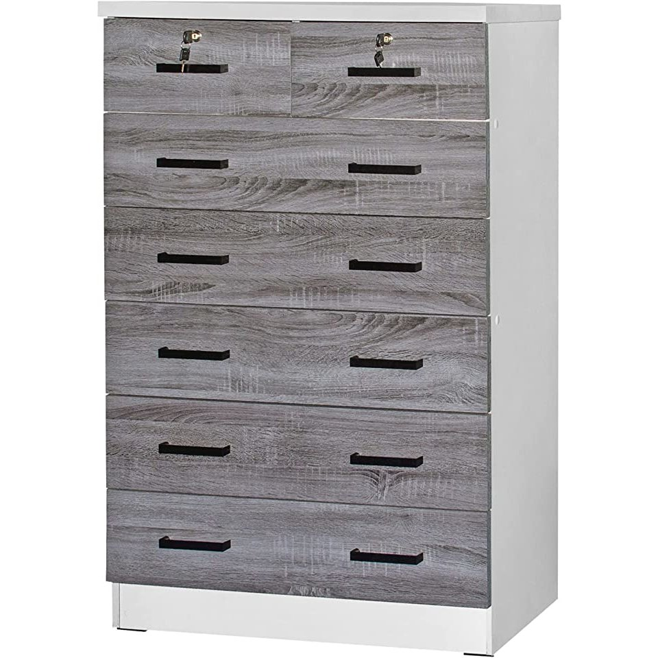 Cindy 7-Drawer Wooden Chest Dresser with Lock in Gray and White