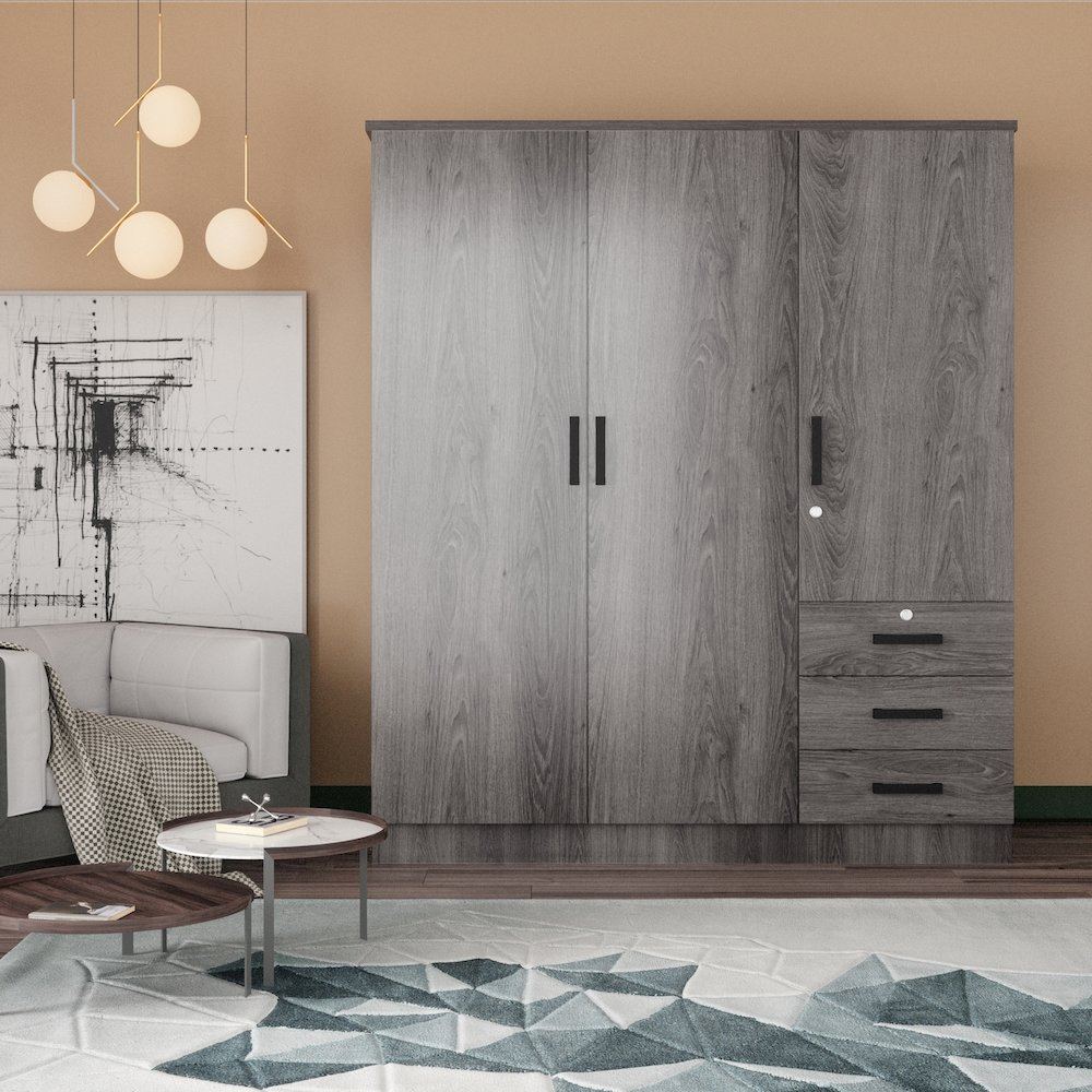 Violet Wardrobe Closet 3 Doors and 3 Drawers (Grey)