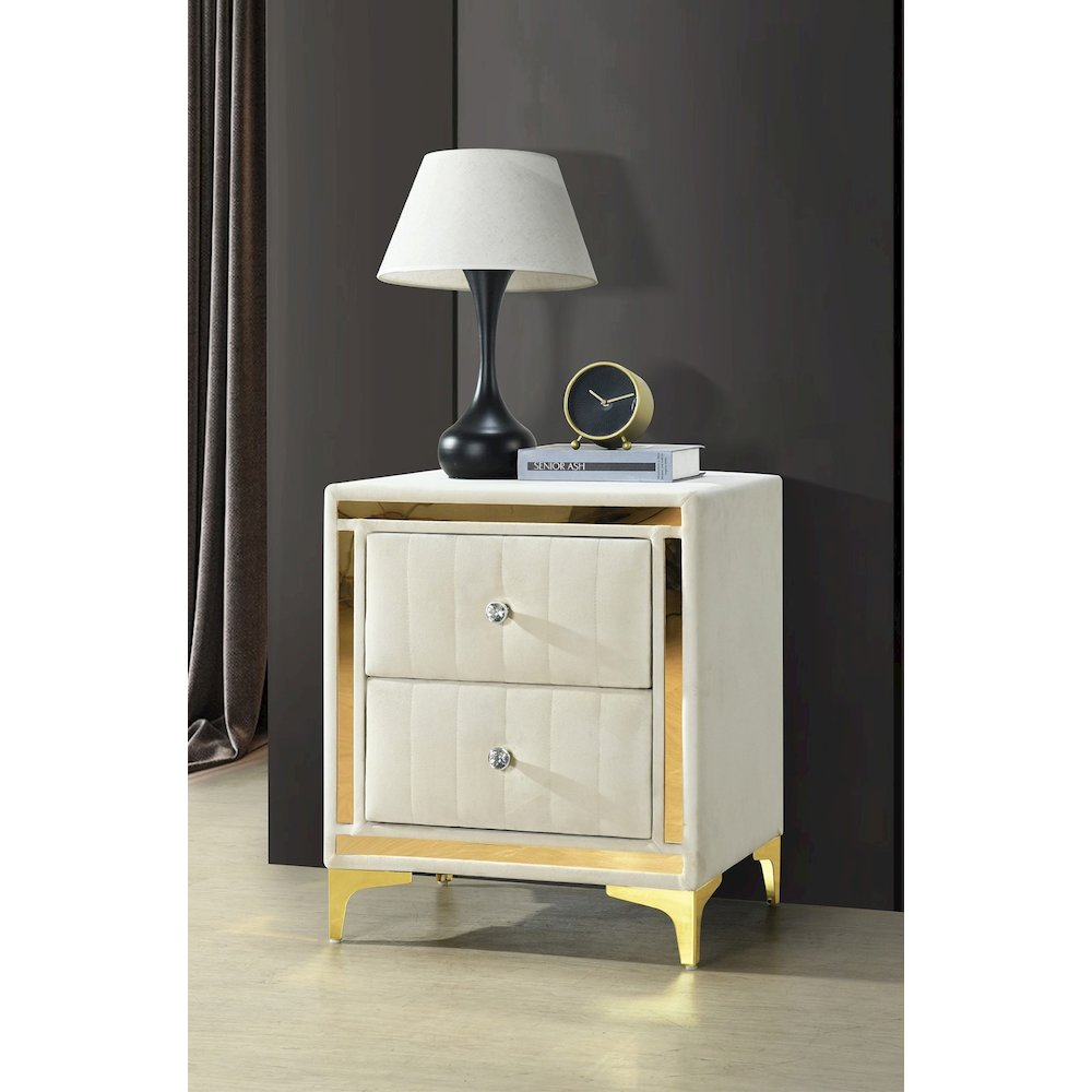 Monique Velvet Nightstand with Gold Legs and Gold Trim, Crystal knobs