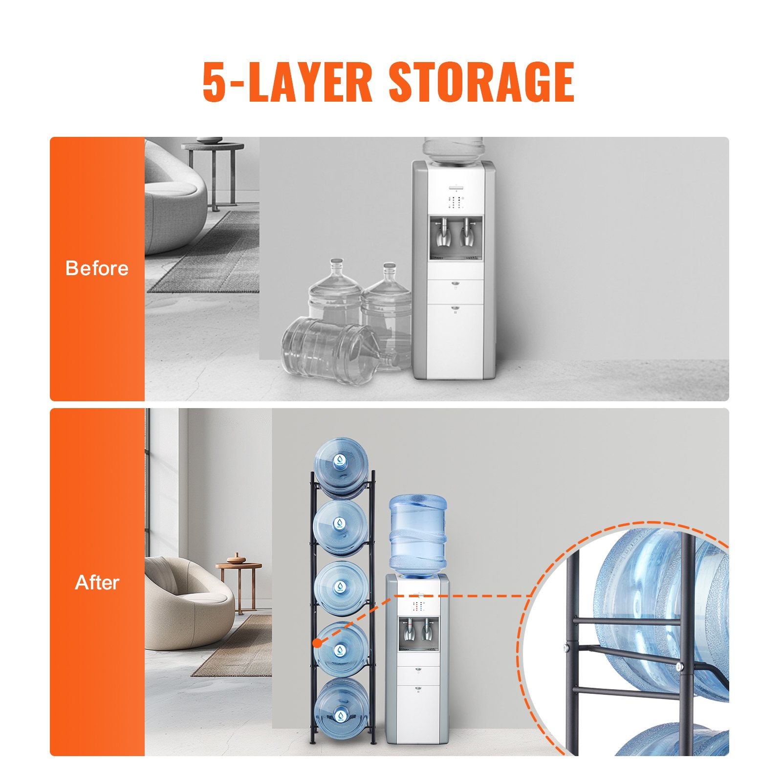 VEVOR 5 Tiers Water Jug Holder, 5 Gallon Water Bottle Holder, Single Row Water Bottle Rack for 5 Bottles, Heavy Duty Water Jug Rack for Kitchen, Office, Living Room, Black