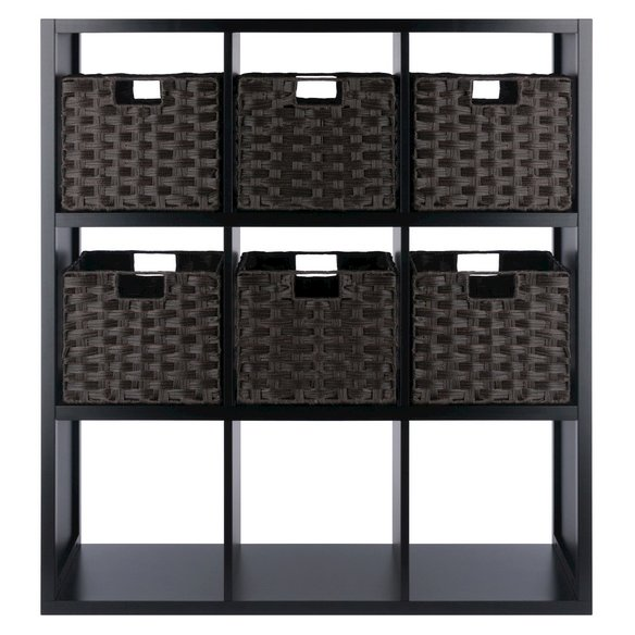 7-Pc 3x3 Storage Shelf with 6 Foldable Woven Baskets, Black and Chocolate