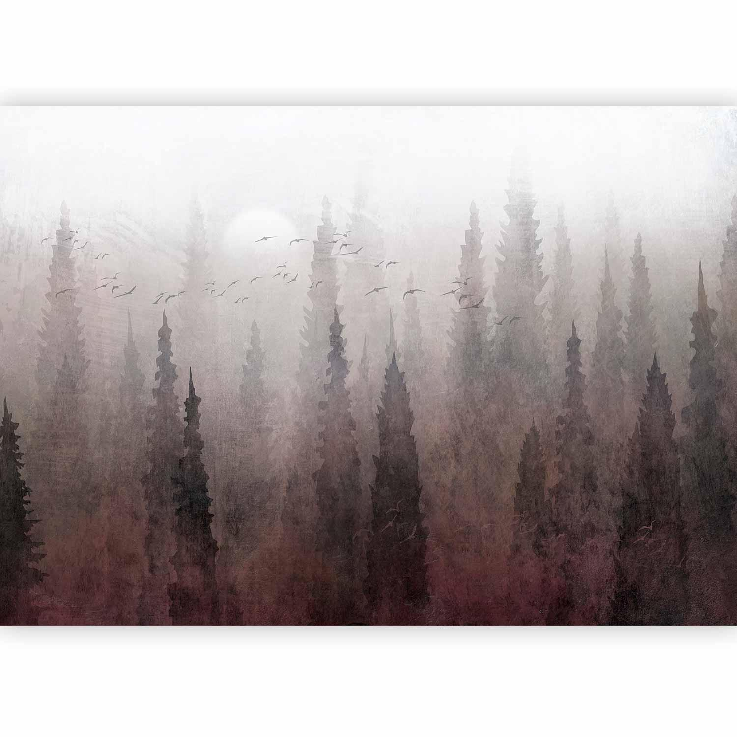Bird's Flight Over Treetops Wall Mural – Dark Forest in Fog with 3D Effect and UV Protection