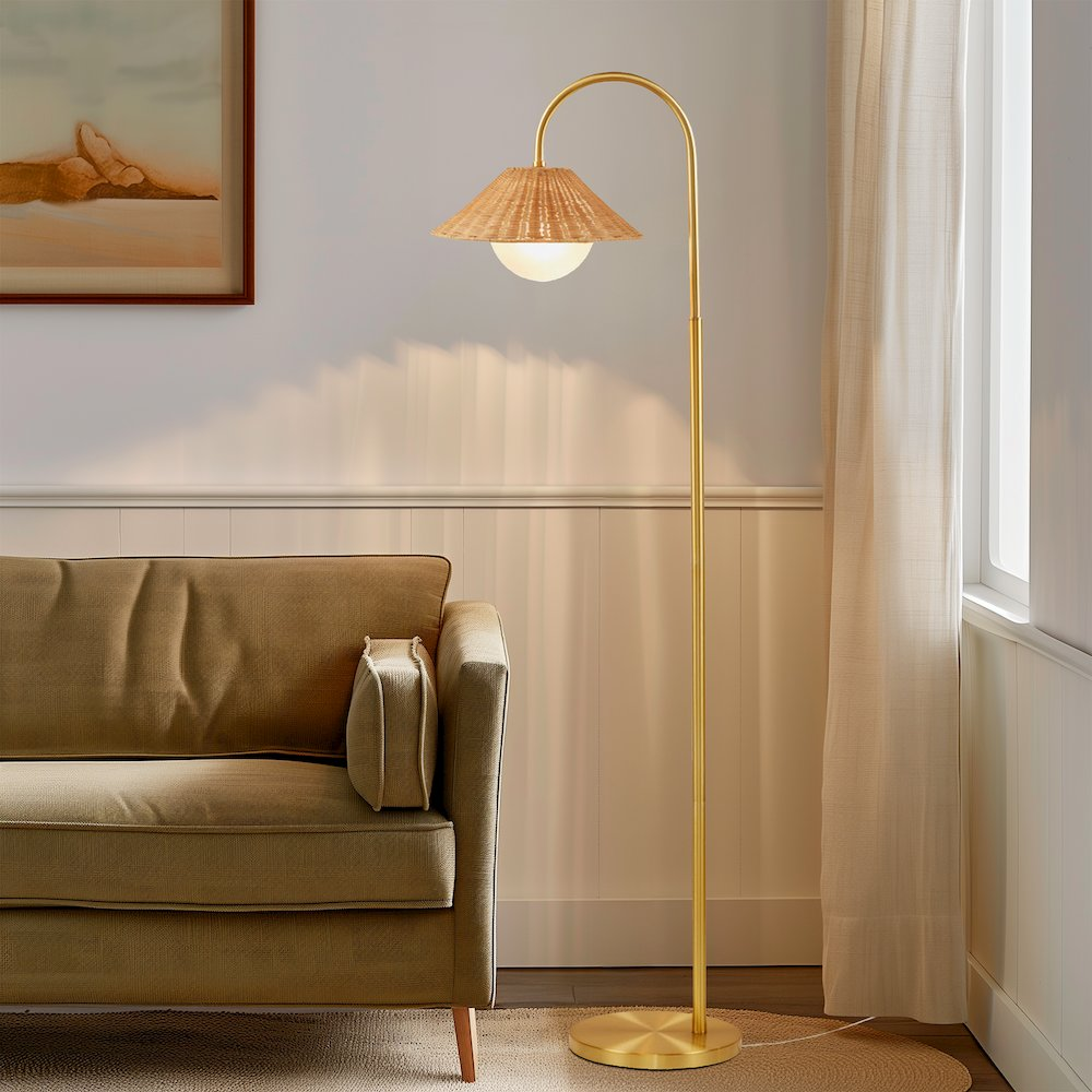 Laguna Rattan Weave Shade Floor Lamp – Gold Finish with Frosted Globe