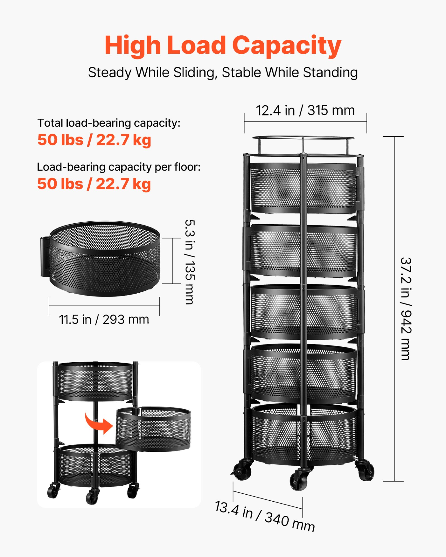 VEVOR Rotating Storage Rack Cart, 5 Tier Fruit and Vegetable Basket Bowls, Heavy Duty Wire Basket Organizer on Wheels, Large Capacity Stand with Metal Top Lid, for Kitchen Bathroom Nursery, Black