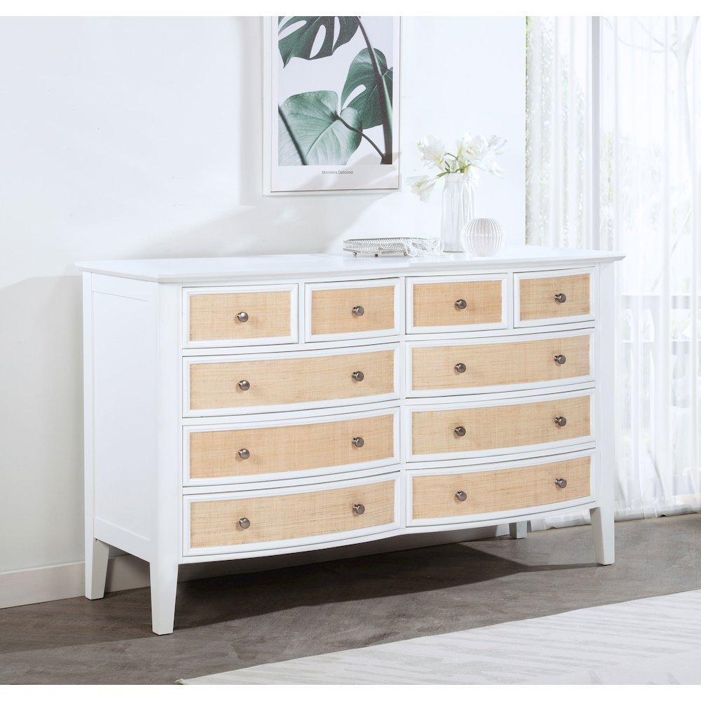 Bexhill 10-Drawer White Dresser with Rattan Drawer Fronts