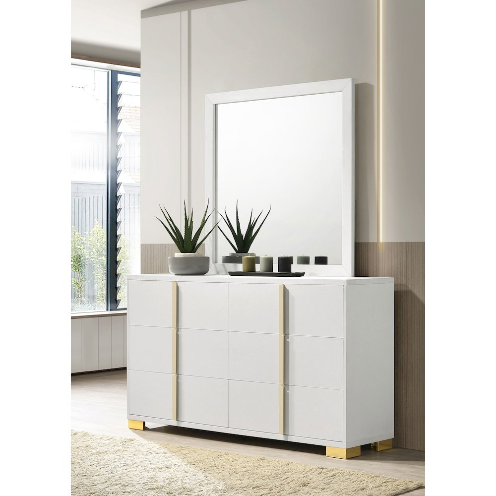 Marceline White 6-Drawer Dresser with Mirror – Art Deco Inspired Bedroom Storage Set