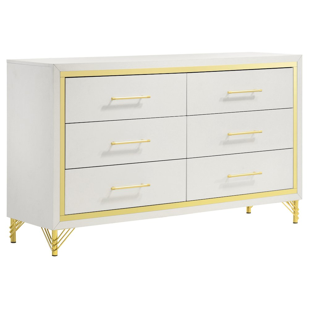 Lucia 6-Drawer White Dresser with Gold Accents and Hairpin Legs