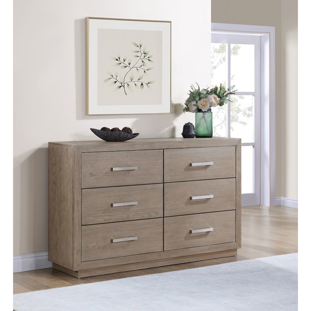 Kenora Modern 6-Drawer Dresser in Barley Brown with Chrome Bar Pulls