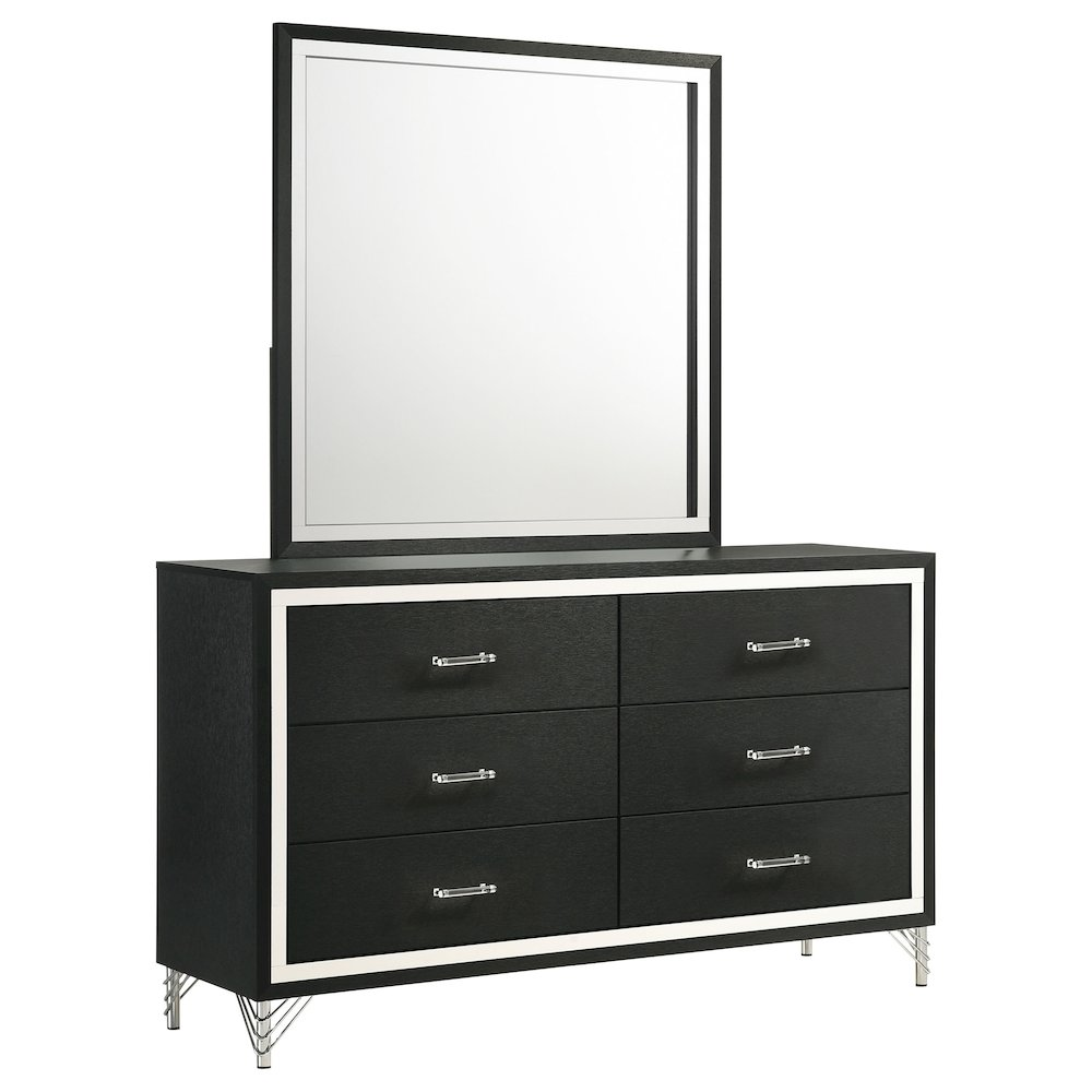 Modern Six-Drawer Dresser with Mirror – Glam Black & Chrome Finish