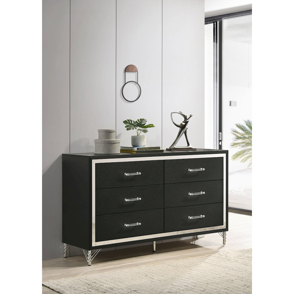 Lucia 6-Drawer Black Dresser with Chrome Accents and Hairpin Legs