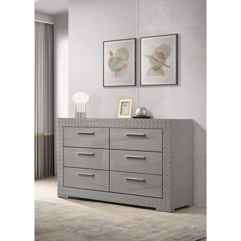 Ives 6-Drawer Dresser Cabinet in Grey High-Gloss with Diamond Embossing