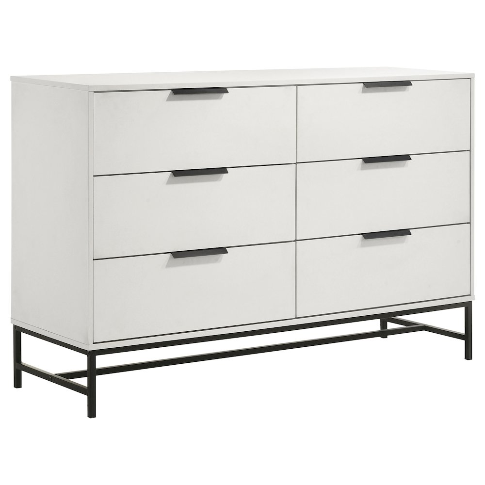 Sonora Modern 6-Drawer Bedroom Dresser in White with Black Metal Base