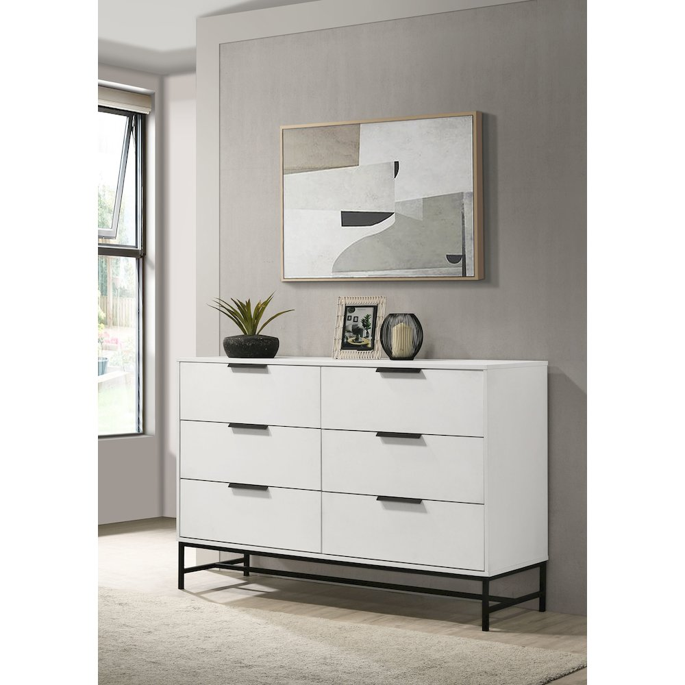 Sonora Modern 6-Drawer Bedroom Dresser in White with Black Metal Base