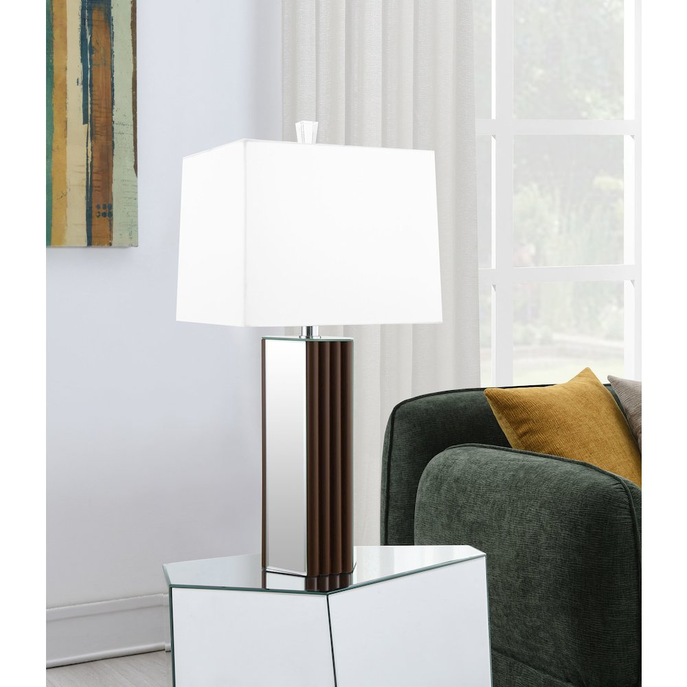 Elena 30" Square Tapered Mirrored Table Lamp – Brown Finish with White Fabric Shade