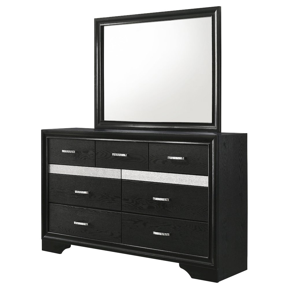 Miranda 7-Drawer Dresser with Mirror in Black – Glam Bedroom Storage with Jewelry Drawer