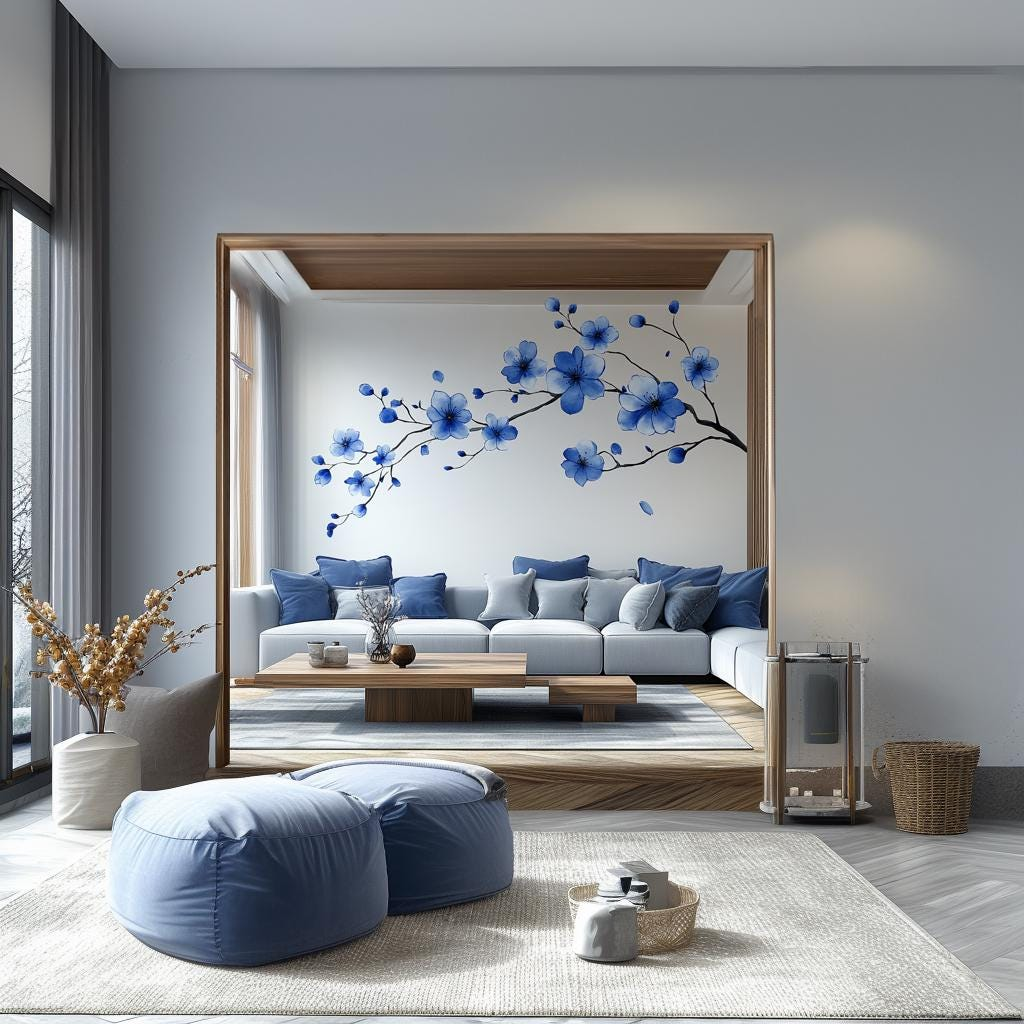 Peel and Stick Blue Flower Branch Wall Decal – Large Sakura Floral Vinyl Sticker for Living Room, Bedroom, and Office Decor