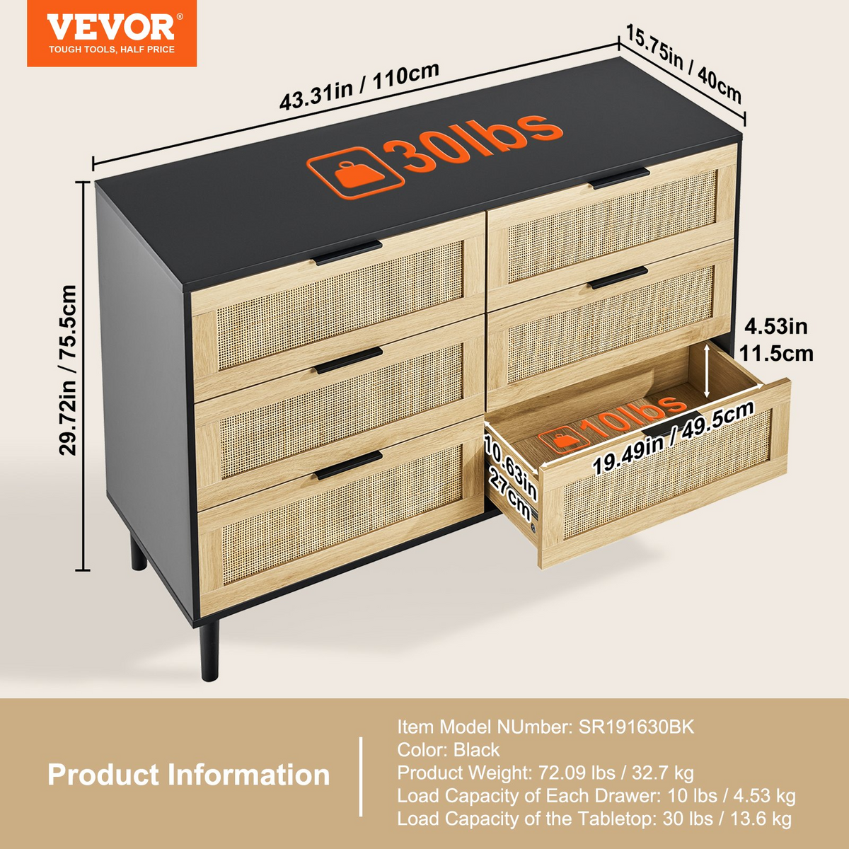VEVOR 6 Drawer Rattan Dresser, Natural Rattan Closet Dresser with 6 Drawers, Modern Wood Chest Clothing Organizer & Storage Boho Dresser with Sturdy Handles & Legs, for Bedroom, Living Room & Hallway