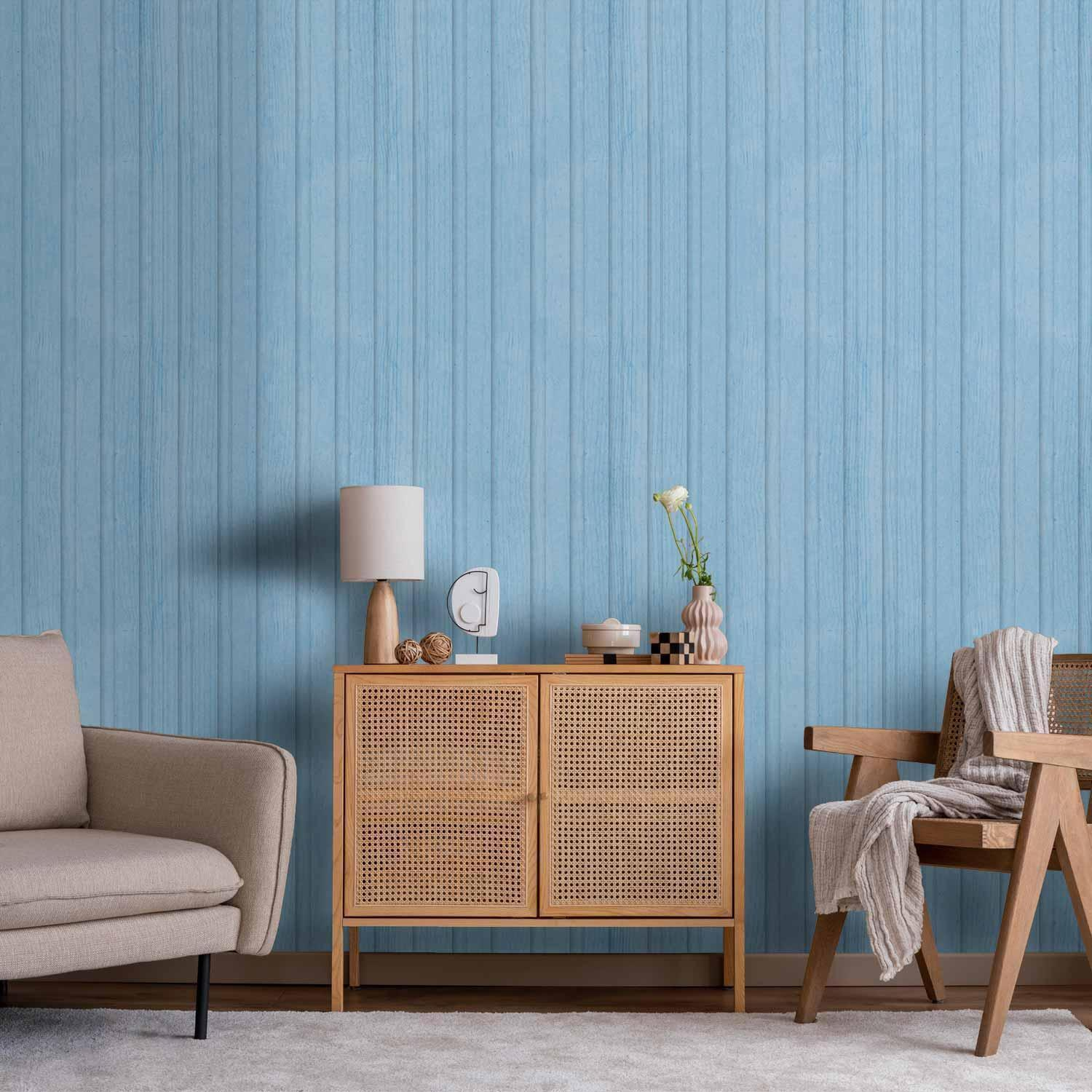 Premium Fade-Resistant Blue Wood Panel Wallpaper