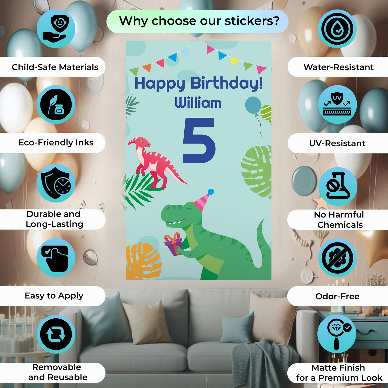 Personalized Dinosaur Birthday Wall Sticker – Peel and Stick Custom Wall Decal for Kids’ Party Decor