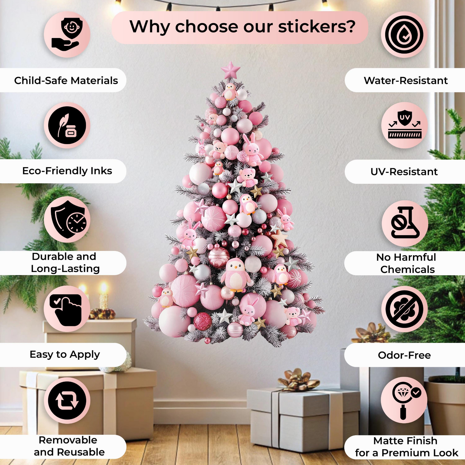 Pink Christmas Tree Wall Decal – Peel and Stick Interactive Holiday Wall Sticker for Kids’ Rooms