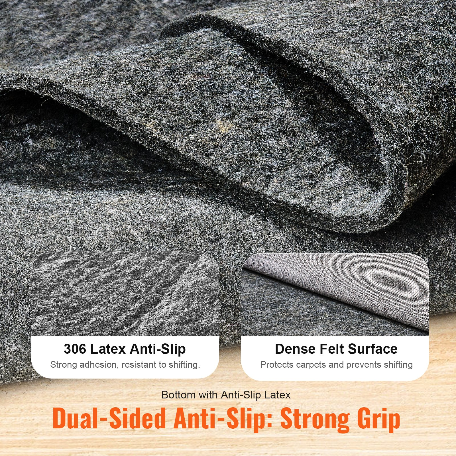 VEVOR Non-Slip Resistant Rug Pad, Protective Cushioning Carpet Pad, 2'x8' (7.875' Actual), 1/4"Thick, Dual Surface, Polyester Felt + Latex, 1-2㎡ Area Carpet Padding Rug Cushion Safe for All Floors