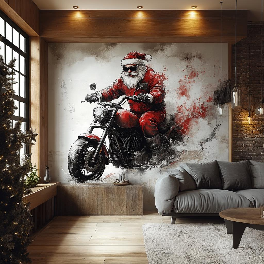Biker Santa Claus Wall Mural – Bold Holiday Motorcycle Wall Art
