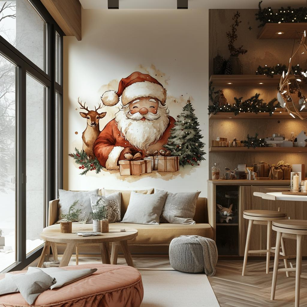 Santa Reindeer Wall Mural – Whimsical Peel & Stick Vinyl Christmas Wall Decor