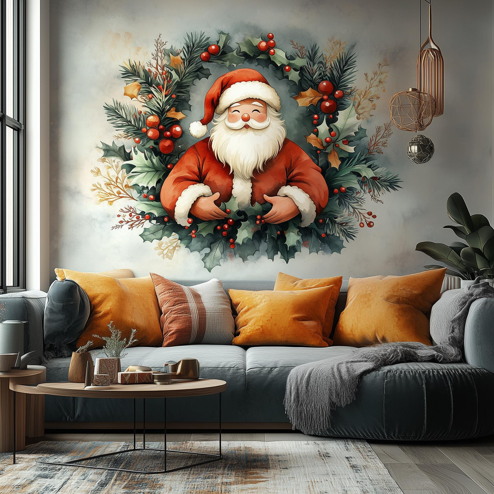 Santa Claus Wreath Wall Mural | Cozy Christmas Decal | Classic Holiday Wall Art | Festive Santa and Holly Sticker | Warm Holiday Decoration