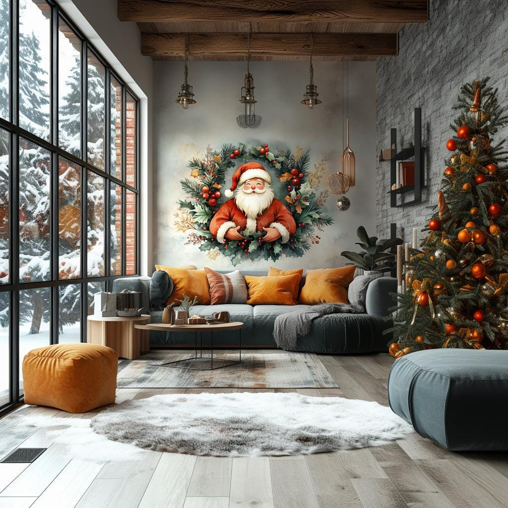 Santa Claus Wreath Wall Mural – Peel & Stick Vinyl Christmas Wall Decor for Home and Living Rooms