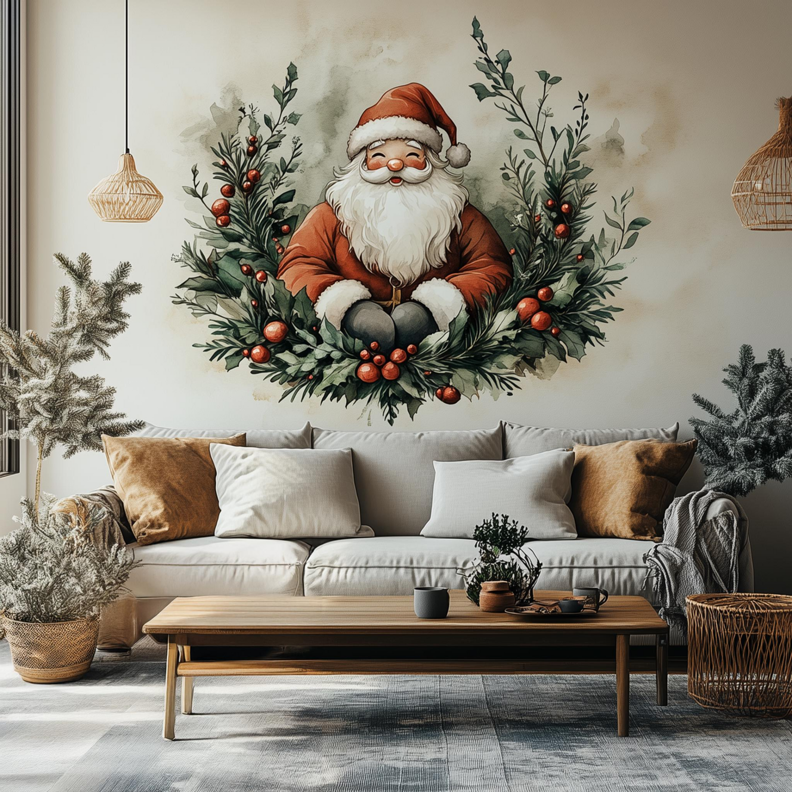 Santa Claus Wreath Wall Mural | Cozy Christmas Decal  | Classic Holiday Wall Art | Festive Santa Evergreen Sticker Warm Holiday Decoration