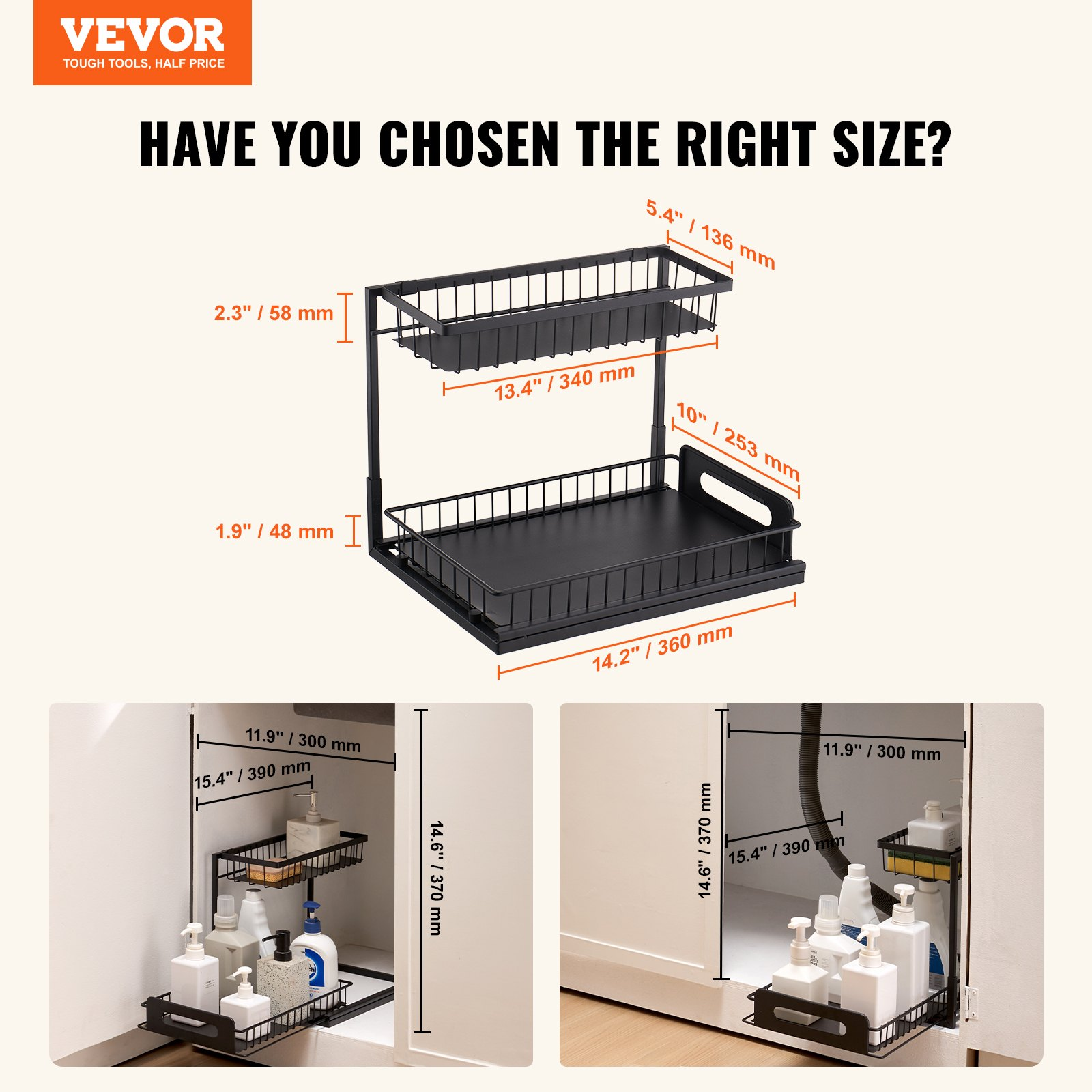 VEVOR 2 Tier Pull Out Cabinet Organizer(10.7"W x 14.2"D ), Under Sink Organizer and Storage, Slide Out Drawer Cabinet Organizer, Wire Basket Sliding Shelf, 12.5"Wx15.5"Dx13"H Install Size for Cabinet