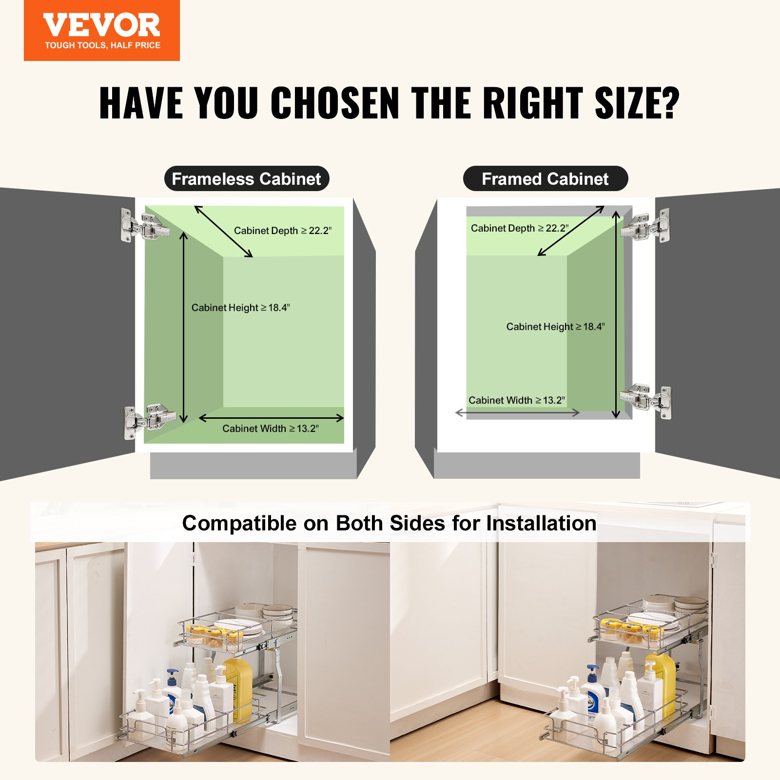 VEVOR 12"Wx21"Dx15"H Pull Out Cabinet Organizer, Heavy Duty Slide Out Pantry Shelves, Steel Roll Out Drawers, Sliding Drawer Storage for Home Under Sink, 13.5"Wx22"Dx18"H Install Size for Cabinet
