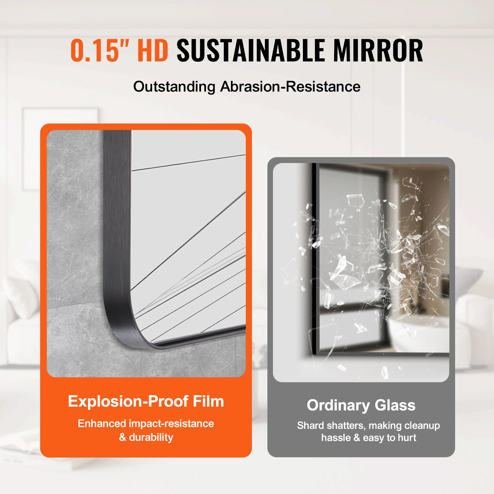 VEVOR Wall Mounted Makeup Mirror, 0.15" Thick, 30" x 48" Mirror with Aluminium Alloy Frame & Explosion-Proof Film, Scratch-Resistant Mirror with Z-Shaped Bracket, Fit for Bathroom/Bedroom/Living Room
