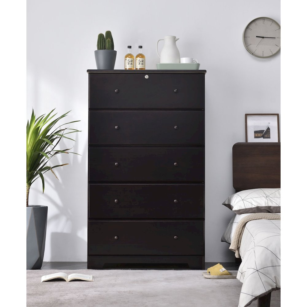 Solid Pine 5-Drawer Chest Dresser with Lock – Mid-Century Solid Wood Storage