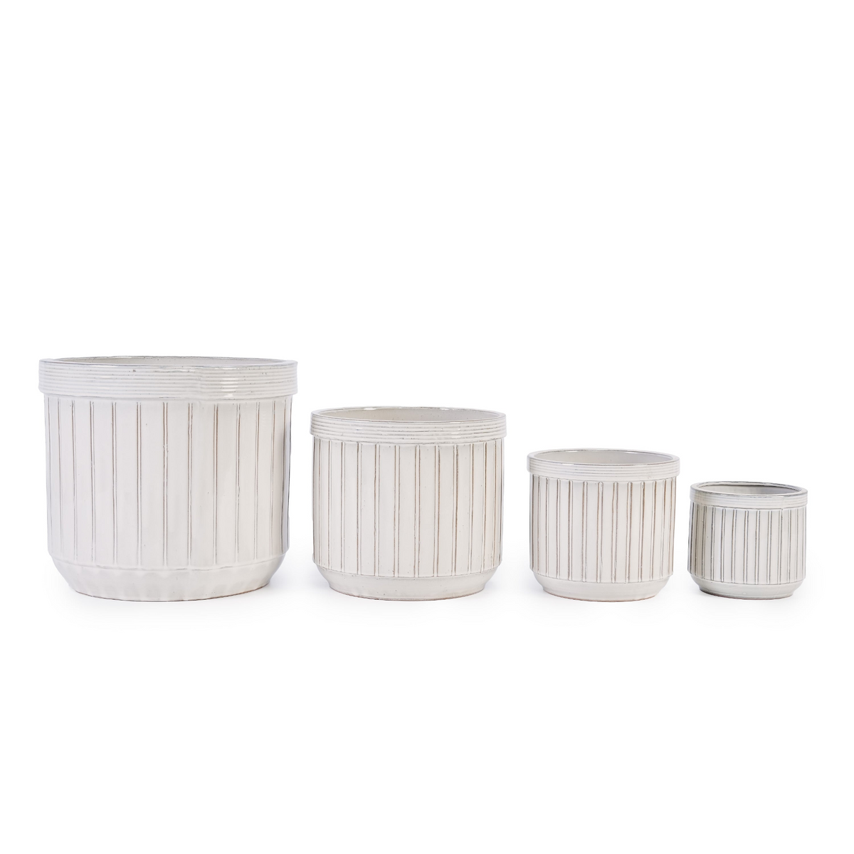 Handmade White Ceramic Planter Set of 4 with Vertical Line Pattern, Breathable Flower Pots for Succulents, Cacti & Indoor Outdoor Plant Displays