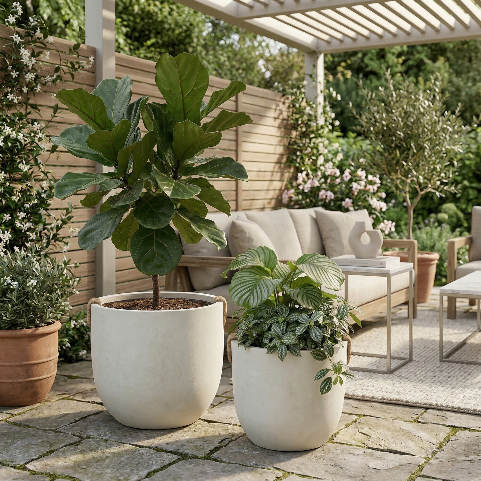 Round Concrete Planter Set of 2, Large Outdoor Indoor Handmade Rustic Decorative Planter Pots with Drainage Holes for Home Garden Patio,15' x 13' & 18' x 16' (Off white)