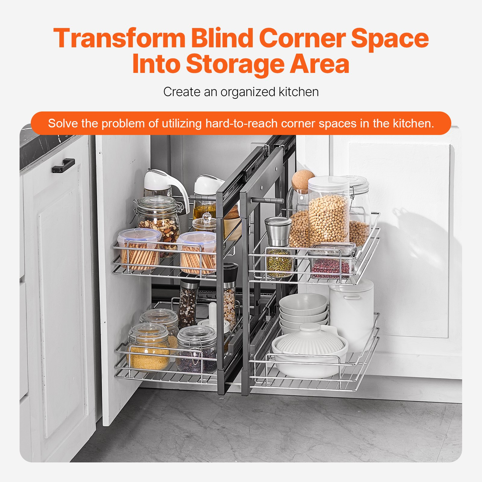 VEVOR 18"W Opening Blind Corner Pull Out Organizer, 2 Tier 4 Shelf Kitchen Cabinet Organizer, Magic Chrome Carbon Steel Storage Basket, Slide Out Storage Organizer, Left & Right Open Compatible