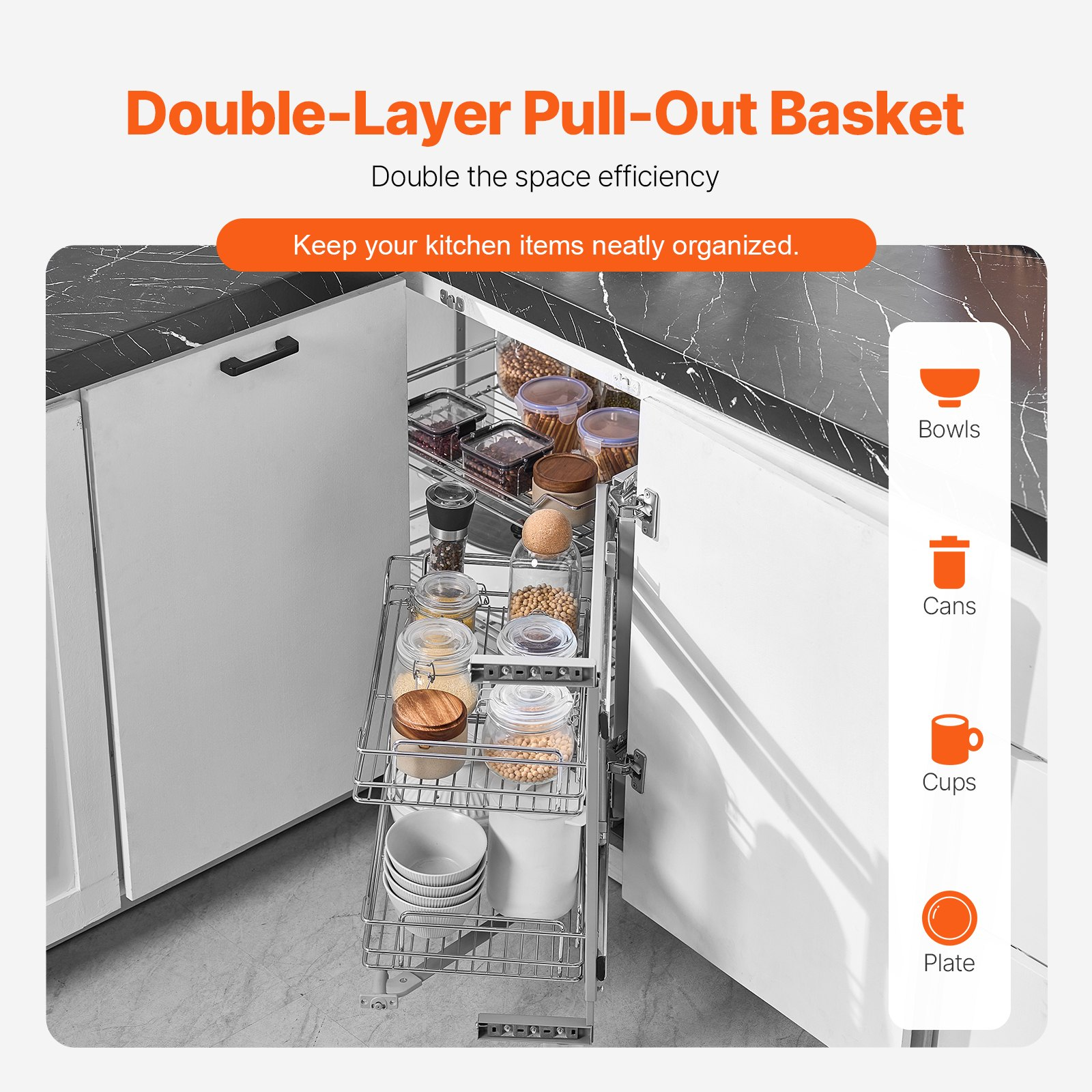 VEVOR 18"W Opening Blind Corner Pull Out Organizer, 2 Tier 4 Shelf Kitchen Cabinet Organizer, Magic Chrome Carbon Steel Storage Basket, Slide Out Storage Organizer, Left & Right Open Compatible
