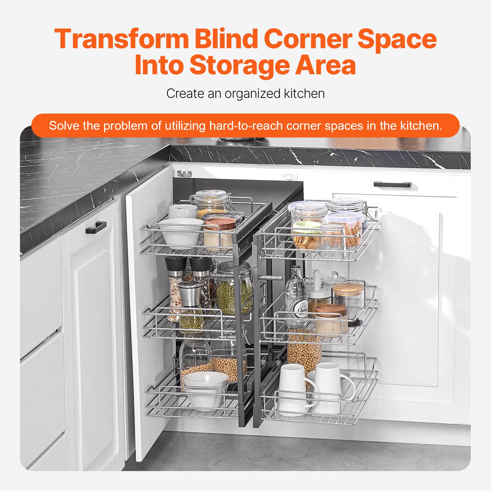 VEVOR Min 15"W Opening Blind Corner Pull Out Organizer, 3 Tier 6 Shelf Kitchen Cabinet Organizer, Chrome Carbon Steel Storage Basket, Slide Out Storage Organizer, Left & Right Open Compatible