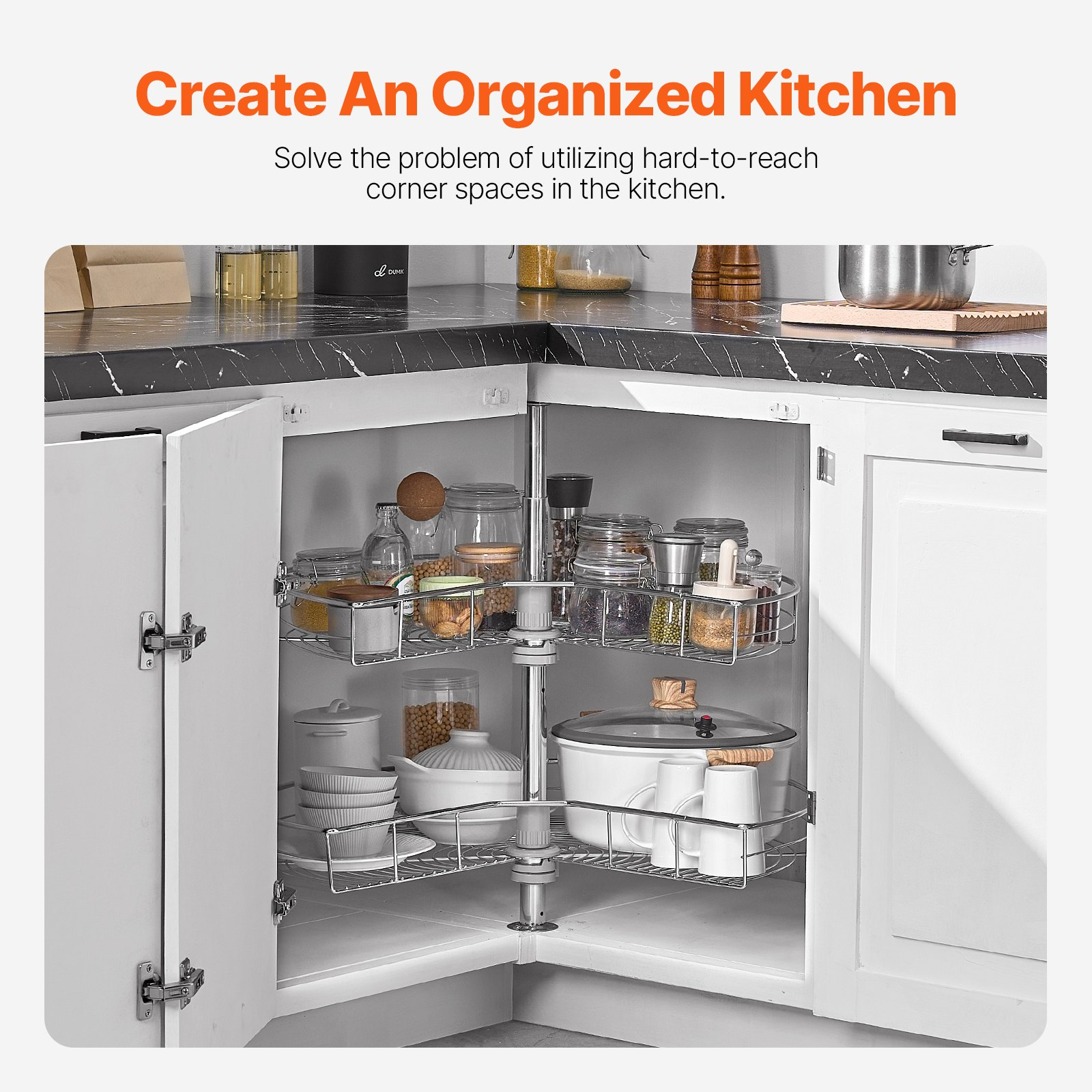 VEVOR 28" Kidney Shaped Chrome Corner Organizer, 360° Rotatble Kitchen Base Cabinet Blind Corner, 2 Tier Height Adjustable Storage Rack, Carbon Steel Lazy Susan Replacement Shelf for Cabinet Corner