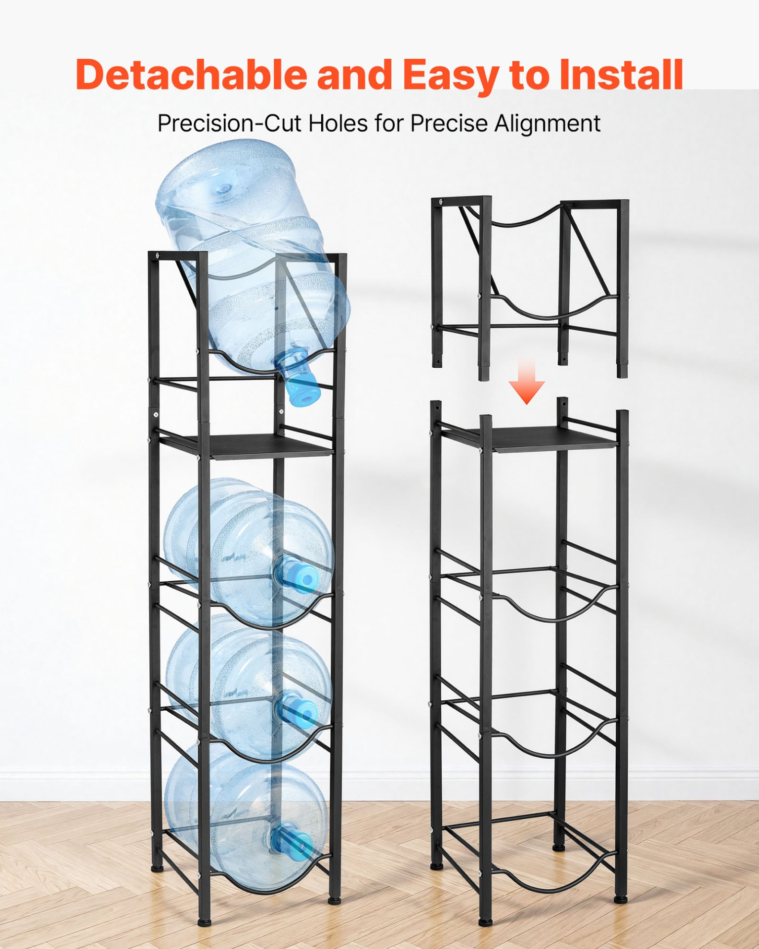 VEVOR Water Jug Holder, 5 Tiers 3 and 5 Gallon Water Bottle Holder for 4 Bottles, Heavy Duty Jug Rack Organizer with Storage Shelf, Adjustable Feet, and Handle, for Kitchen, Office, Living Room, Black
