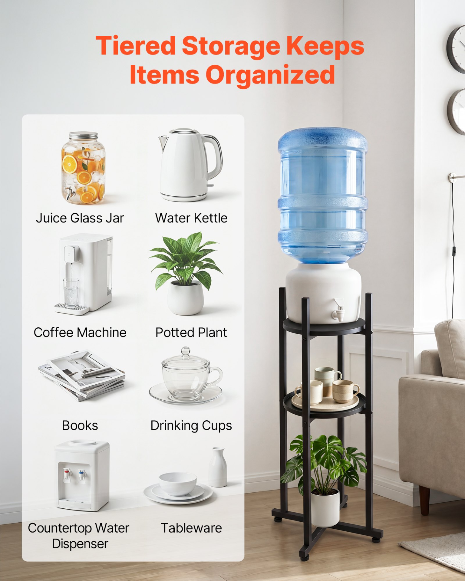 VEVOR Water Dispenser Stand, 2 Tiers Water Jug Holder for 1 Bottle, Heavy Duty Jug Rack Organizer with Detachable Storage Shelf, Cross-Shaped Stable Base, for Kitchen, Office, Living Room, Black